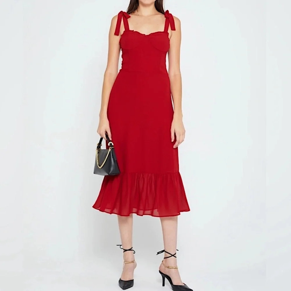 Alice + Olivia O.P.T. Corset Smocked Ruffle Red Midi Dress Medium New Cocktail - Picture 2 of 14